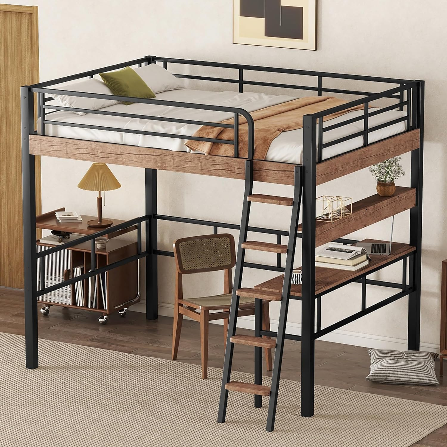 Metal Full Size Loft Bed With Built-In Desk,Storage Shelf And Ladder ... with Sleek Full Size Metal Loft Bed With Built-In Desk, Safety Guardrails, Black