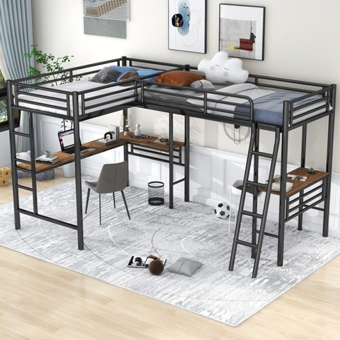 Metal Twin Size Loft Bed With Two Built-In Desks, Black - Modernluxe ... regarding Adrian Metal Twin Size Loft Bed, Black