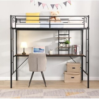 Metal Twin Size Loft Bed With Writing Desk And Storage Shelves In Black ... throughout Adrian Metal Twin Size Loft Bed, Black