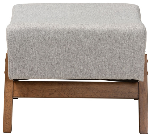 Mid-Century Modern Light Grey Fabric Walnut Brown Finished Wood Ottoman ... for Walnut Brown Finished Wood Ottoman Footstool
