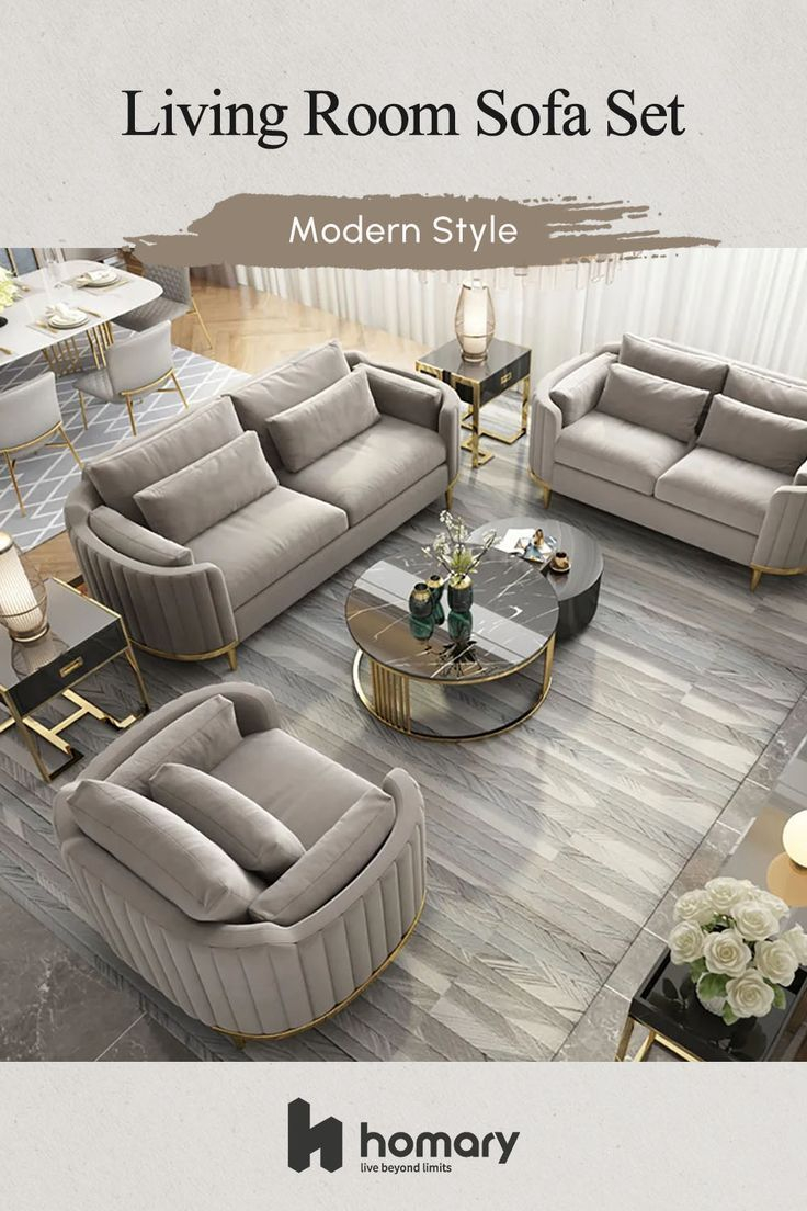 Modern Living Room Sets Gray Velvet Upholstered Chair & Loveseat & Sofa 3 Pieces | Modern Sofa ... for Ravish Velvet Gray Chairs Integrating Style and Comfort