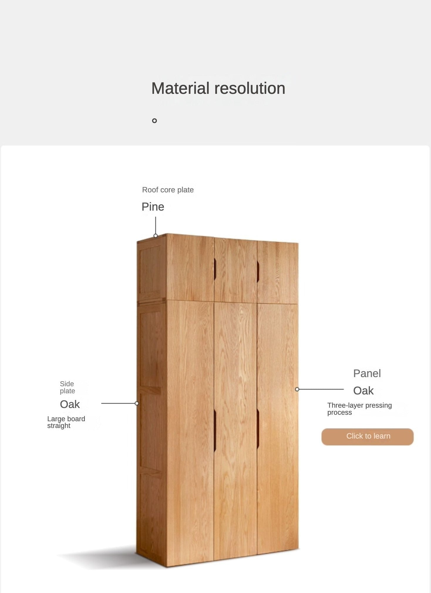 Oak Solid Wood Wardrobe in Oak Solid Wood Wardrobe Bookcase, Natural Wood Color / Feetless High Wardrobe