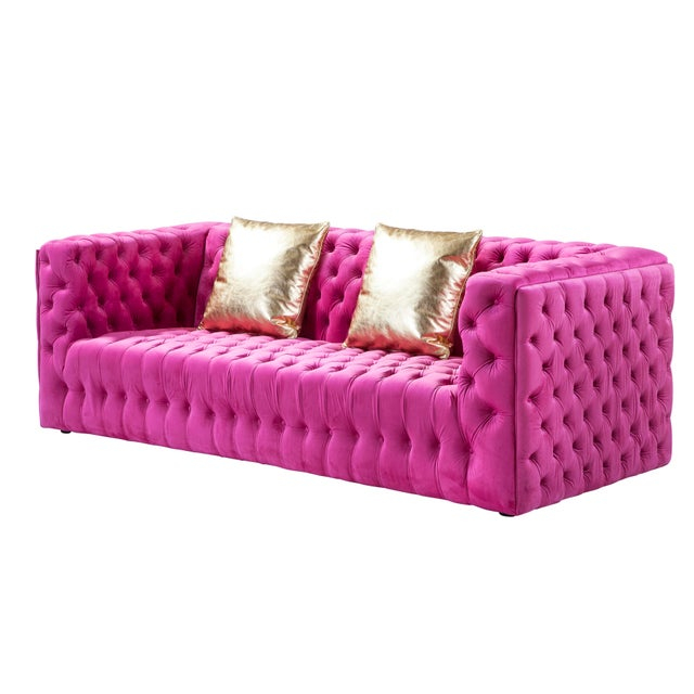 Pasargad Home Vicenza Tufted Sofa, Fuschia | Chairish in Pasargad Home Vicenza Velvet Tufted Sofa, Fuschia
