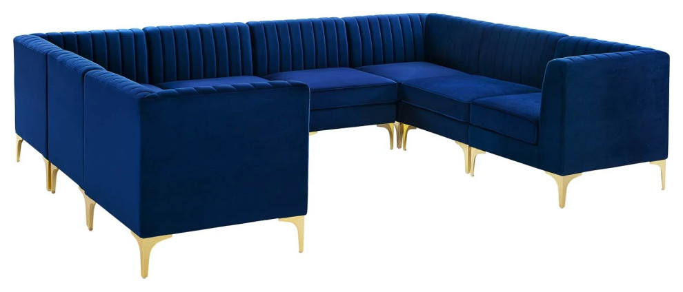 Paul Navy Channel Tufted Performance Velvet 8-Piece Sectional Sofa - Midcentury - Sectional ... in Shift Channel Tufted Performance Velvet Sofa, Navy