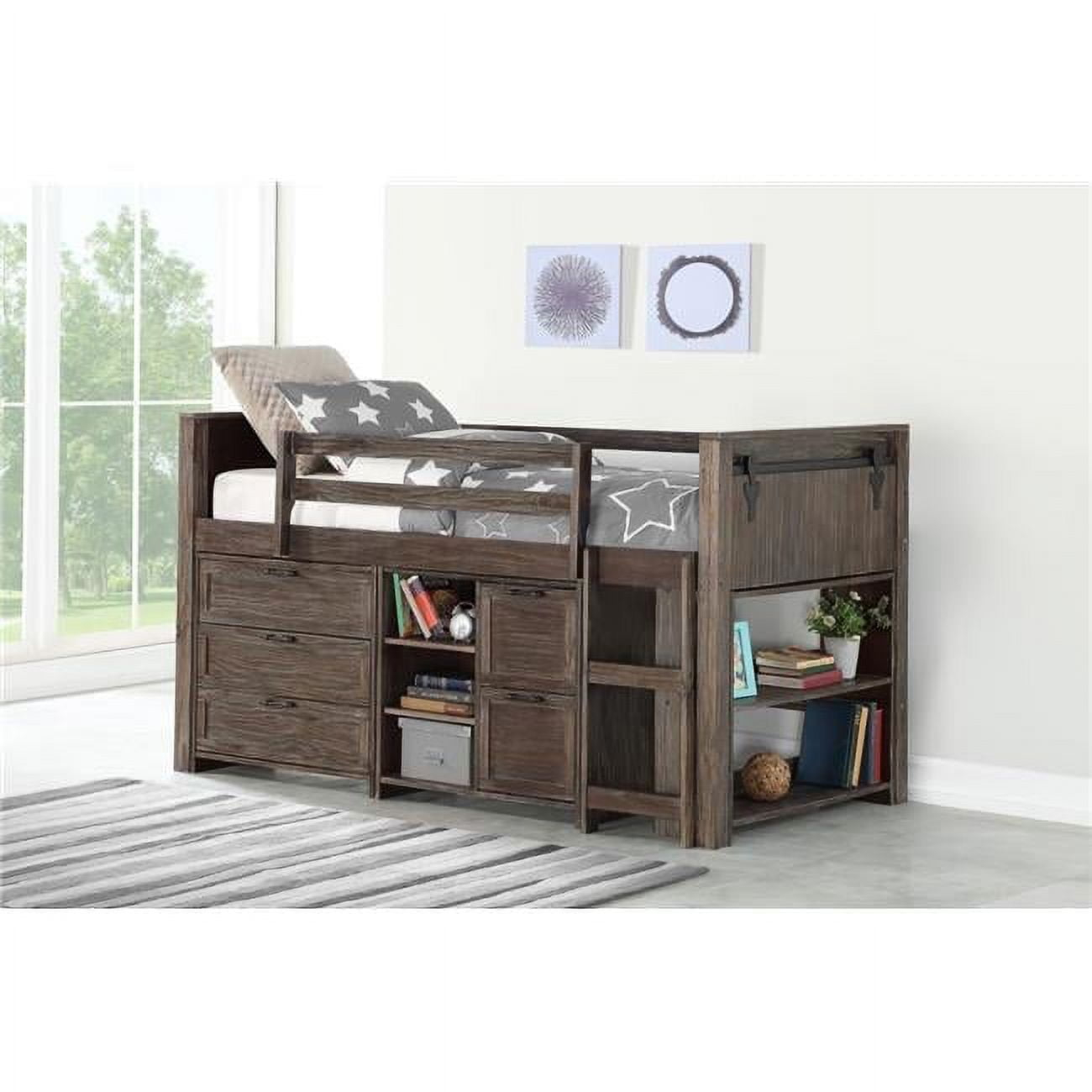Pd-0318Tbs-Modular-C1 Twin Barn Door Low Loft With 3 Drawer Chest, 2 ... in Barn Door Low Loft Brushed Shadow