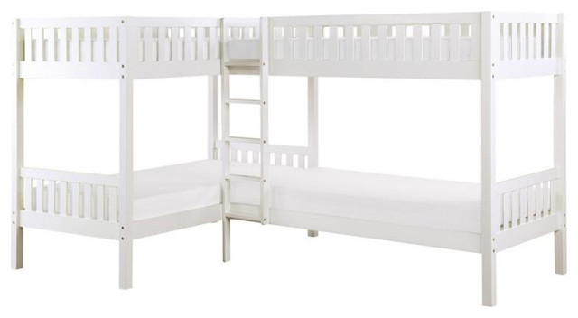 Pemberly Row Transitional Wood Corner Twin Bunk Bed In White, Twin Over ... with Pemberly Row Transitional Wood Twin Over Twin Bunk Bed White