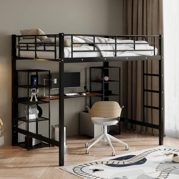 Qualler Black Full Size Metal Loft Bed With Built-In Desk And Ladder ... inside Transforming Small Rooms The DHP Loft Bed Black Experience