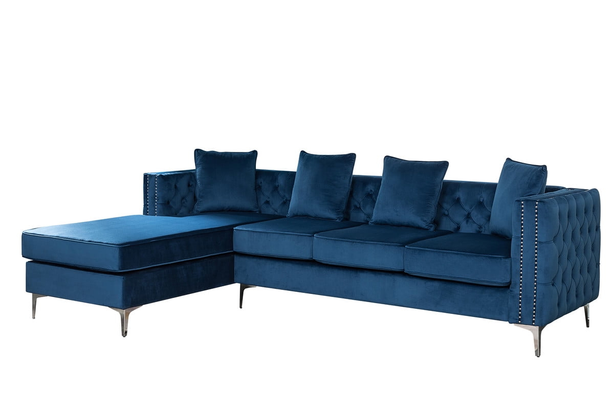 Ryan Deep Blue Velvet Reversible Sectional Sofa Chaise With Nail-Head ... in Styling Your Space with the Ryan Dark Gray Velvet Double Chaise Sectional Sofa From Concept to Reality