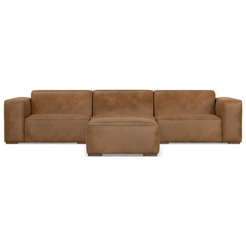 Simpli Home Rex 122 In. Straight Arm Genuine Leather Rectangle 3-Seater ... pertaining to Rex 3-Seater Modular Sofa In Genuine Leather