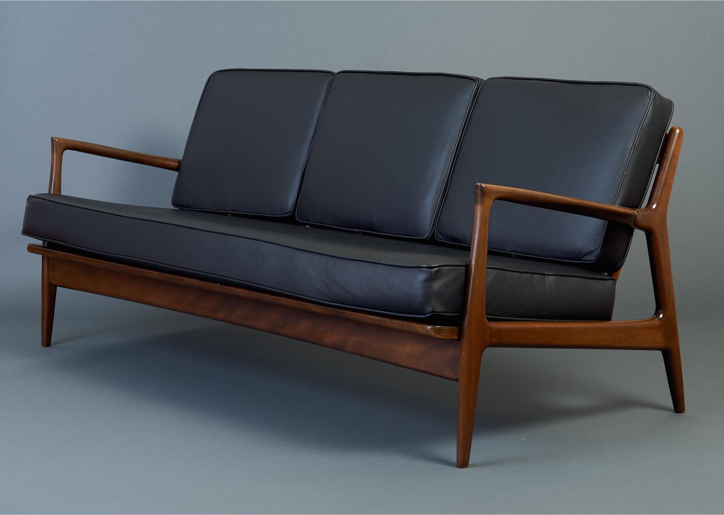 Sleek Danish Modern Sofa By Ib Kofod-Larsen In Teak And Black Leather ... throughout Modern Scandinavian Sofa With Light Wood Frame