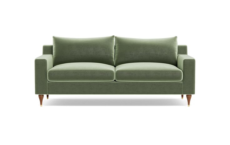 Sloan Custom Fabric 2-Seat Sofa In Celadon Performance Plush Velvet, Oiled Walnut With Brass Cap ... within Sloan Cream Velvet Fabric Sofa