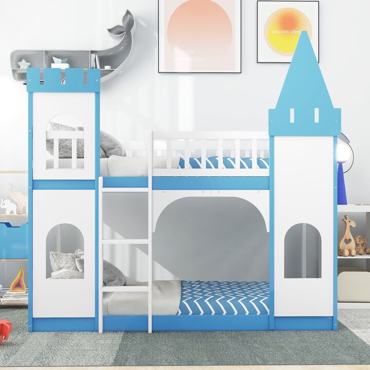 Sunmory Twin Over Twin Castle Style Bunk Bed Wood Frame Platform Bed ... in Gewnee Wood Twin-Over-Twin Castle Style Bunk Bed Inblue
