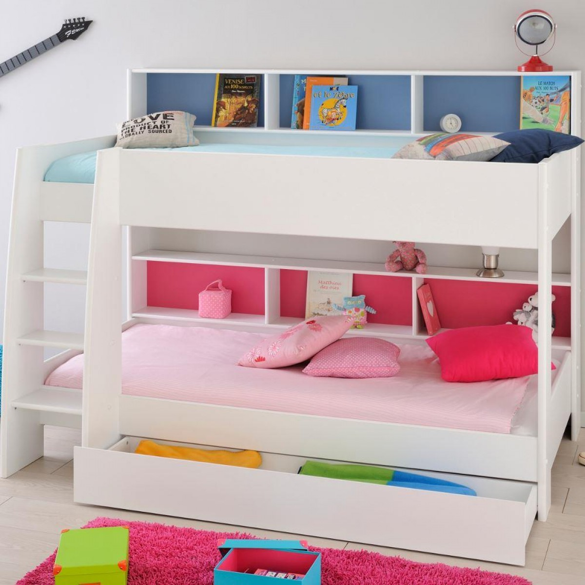 Tam Tam White Wooden Bunk Bed With Underbed Storage Drawer for Beatrice White Twin Size Bunk Beds With Underbed Storage Drawers