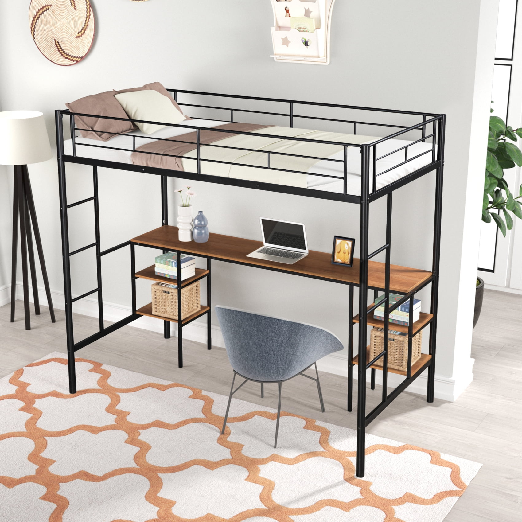 Twin Loft Bed, Metal Loft Bed Frame With Built-In Desk & Storage ... intended for Sleek Full Size Metal Loft Bed With Built-In Desk, Safety Guardrails, Black