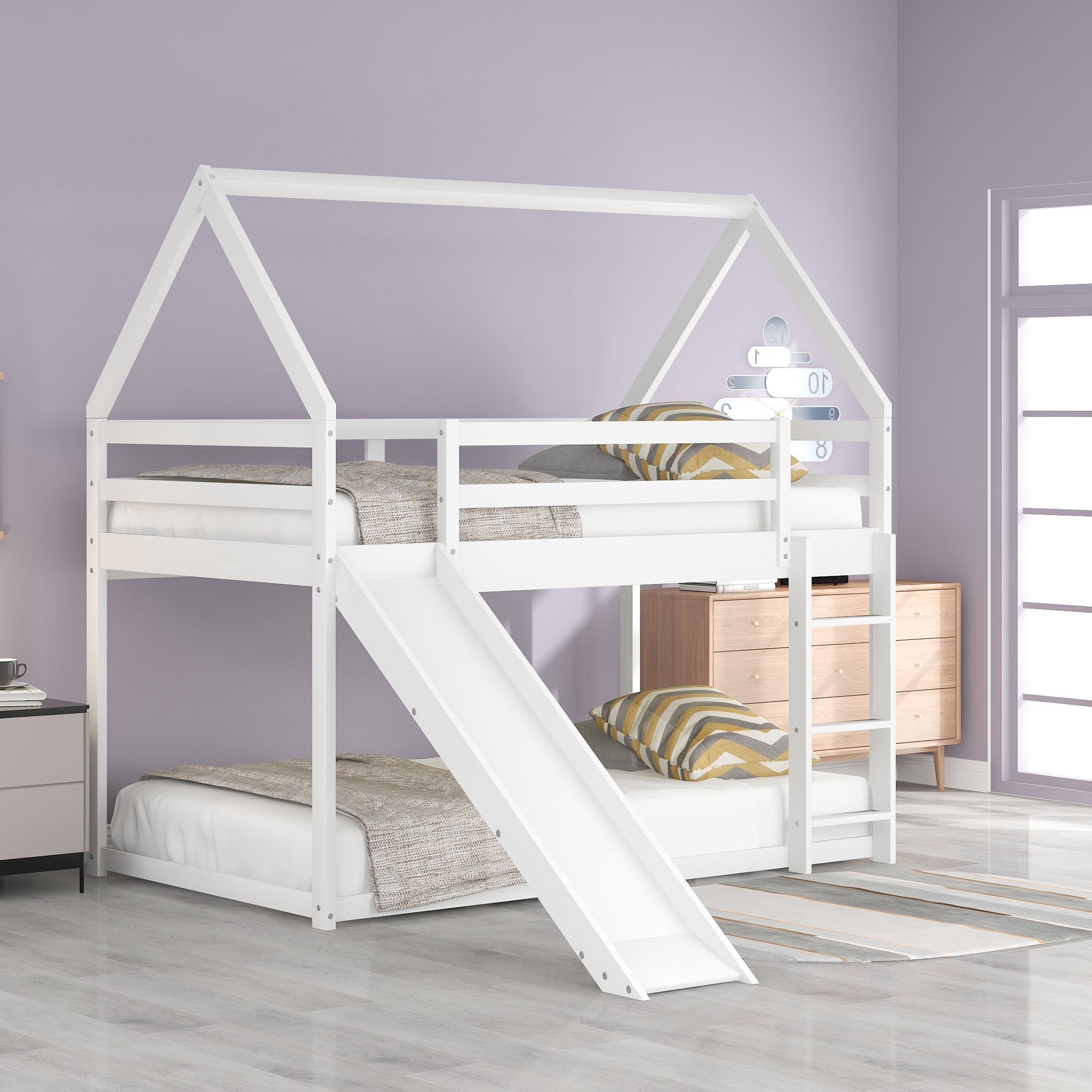 Twin Over Full Bunk Bed With Ladder And Slide ,House Bunk Bed For Kids ... with regard to Kids House Bunk Bed With Ladder, Guardrails & Pine Wood Construction, White