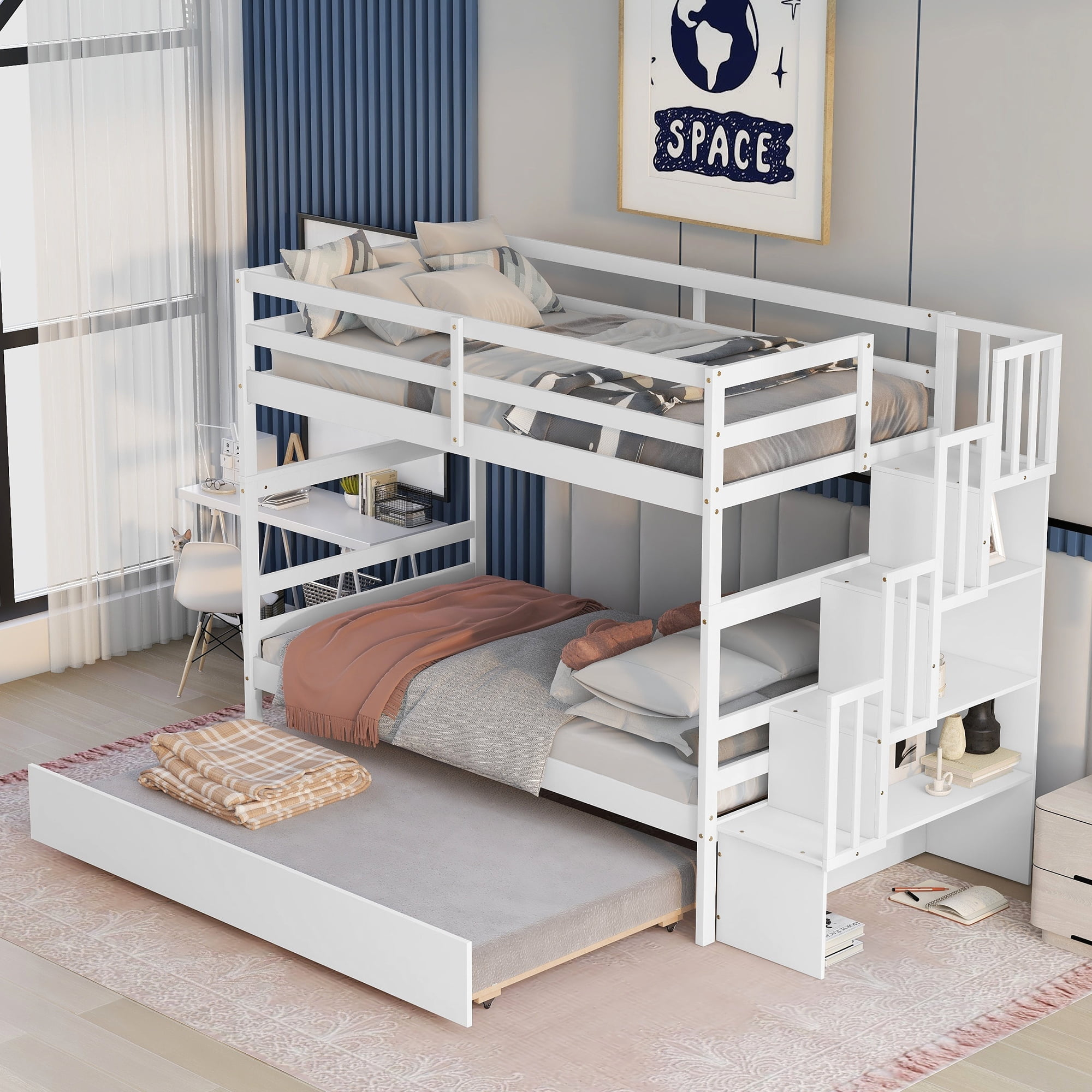 Twin Over Twin Bunk Bed With Trundle,Wood Bunk Beds With Storage Stairway,Twin Beds Frame With ... with regard to Transforming Sleepovers The Versatility of the Gewnee Wood Bunk Bed