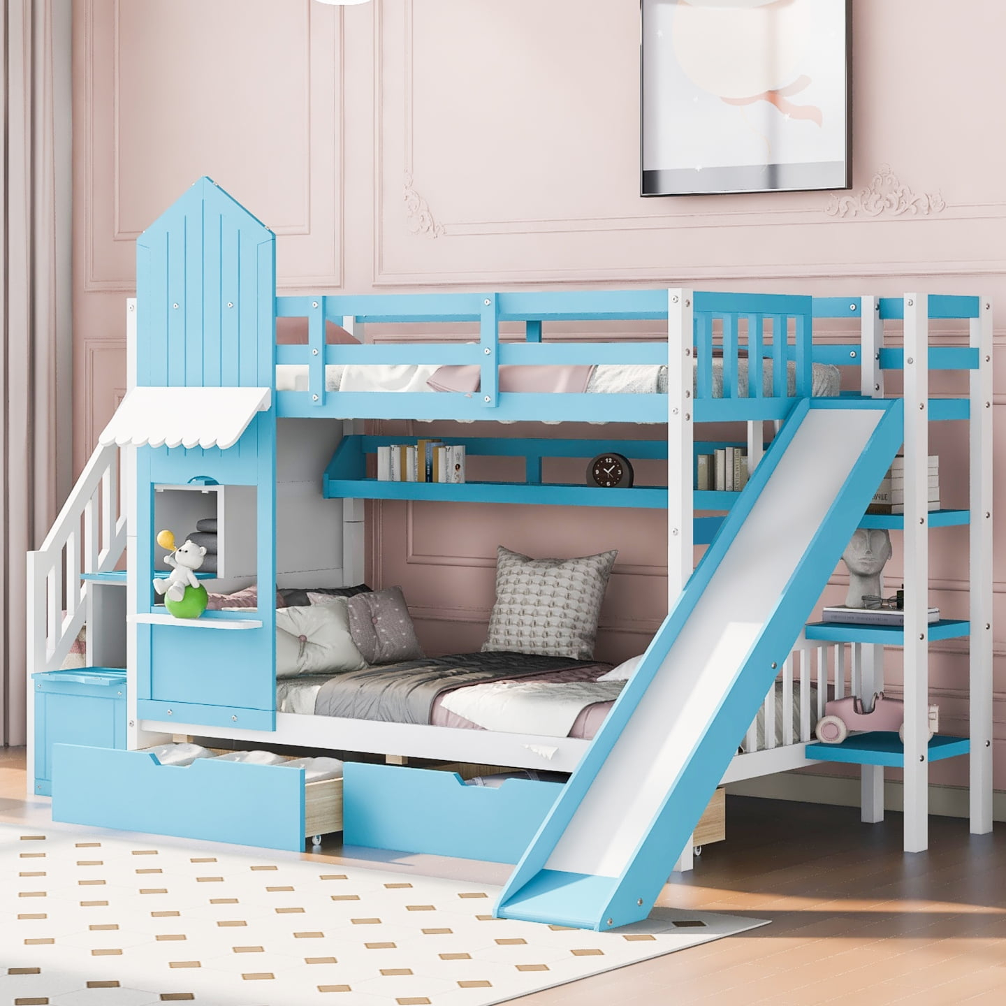 Twin-Over-Twin Castle Style Bunk Bed, Solid Wood Bunk Bed Frame With 2 ... intended for Gewnee Wood Twin-Over-Twin Castle Style Bunk Bed Inblue