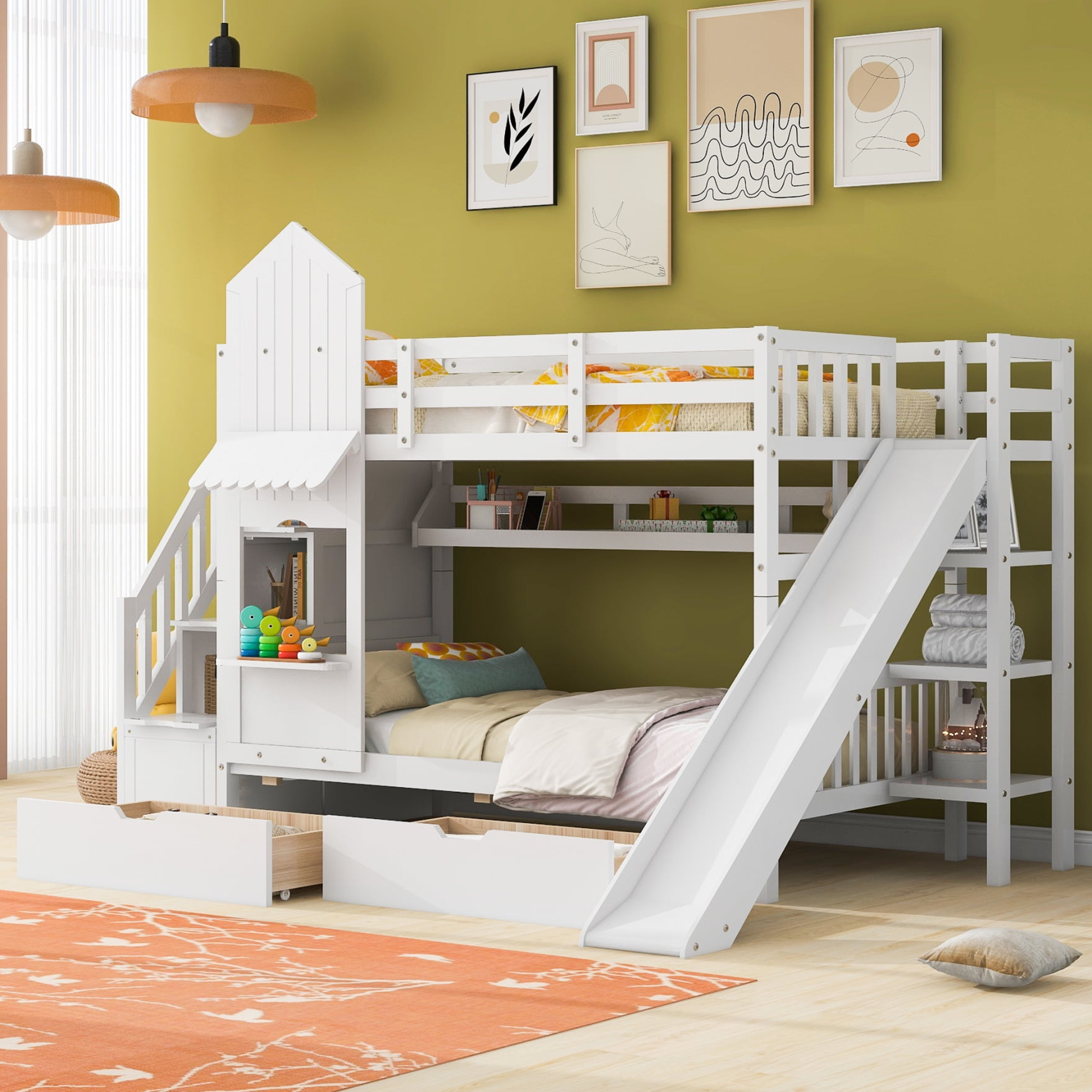 Twin-Over-Twin Castle Style Bunk Bed With 2 Drawers & 3 Shelves, Wood ... throughout Gewnee Wood Twin-Over-Twin Castle Style Bunk Bed Inblue