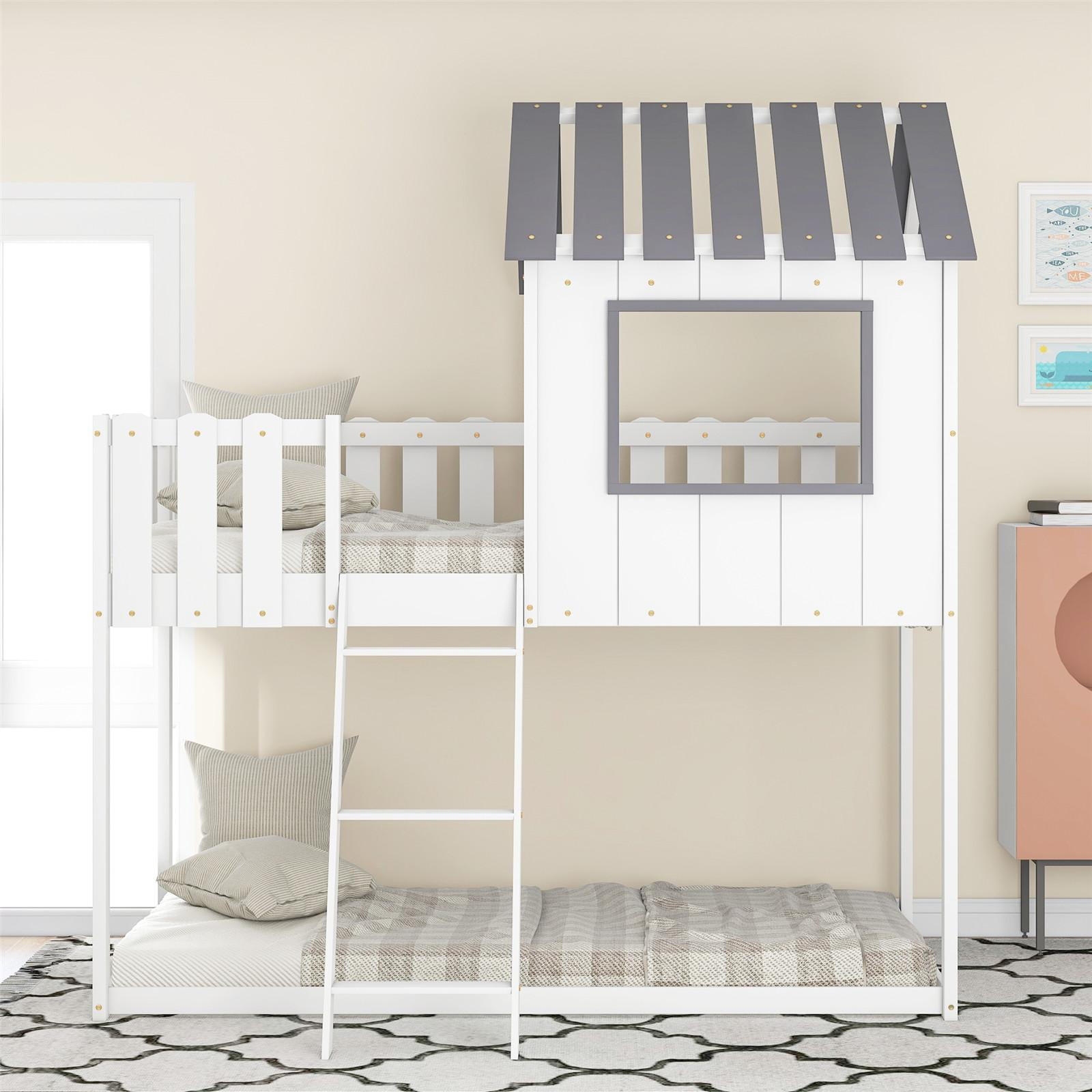 Twin Size Bunk House Bed With Rustic Fence-Shaped Guardrail, Solid Wood ... intended for Kids House Bunk Bed With Ladder, Guardrails & Pine Wood Construction, White