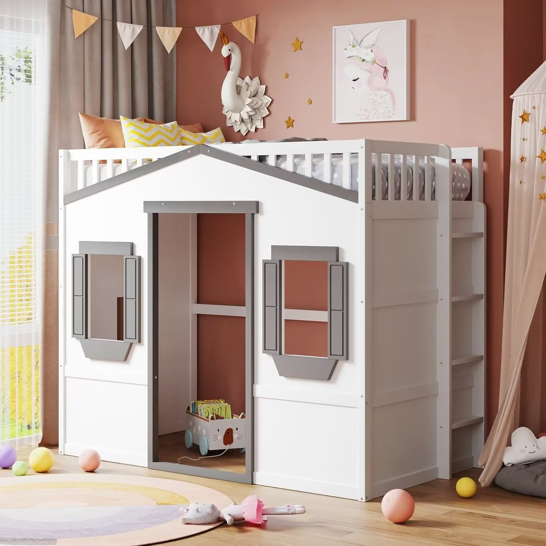 Twin Size Loft Bed With Ladder, Guardrails, Solid Wood Frame, Kids Play ... with regard to Kids House Bunk Bed With Ladder, Guardrails & Pine Wood Construction, White