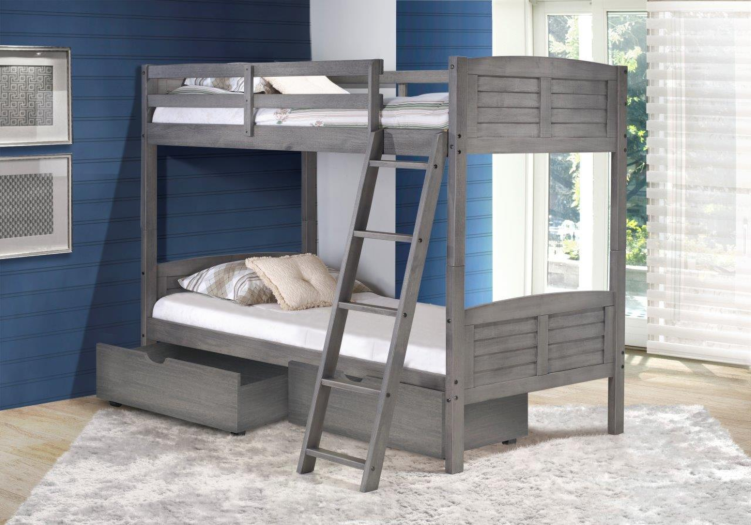 Twin-Twin Louver Bunk Bed With Dual Under Bed Drawers In Antique Grey Finish By Donco Kids ... throughout Twin/Full Louver Bunk Bed Withdual Under Bed Drawers