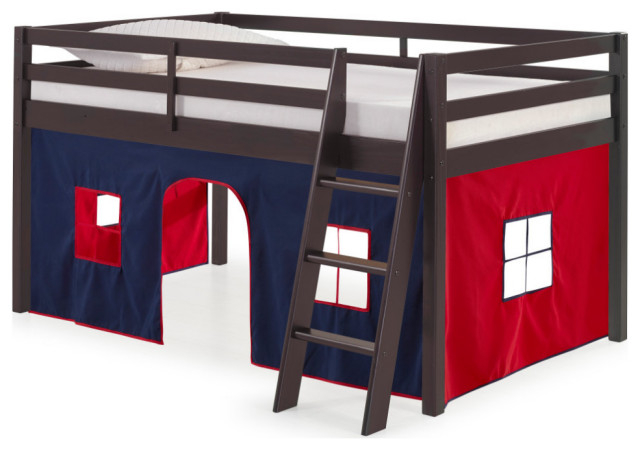 Twin Wood Junior Loft Bed With Espresso With Blue And Red Bottom Tent ... throughout Exploring the Benefits of Choosing Espresso Finish for Junior Loft Beds