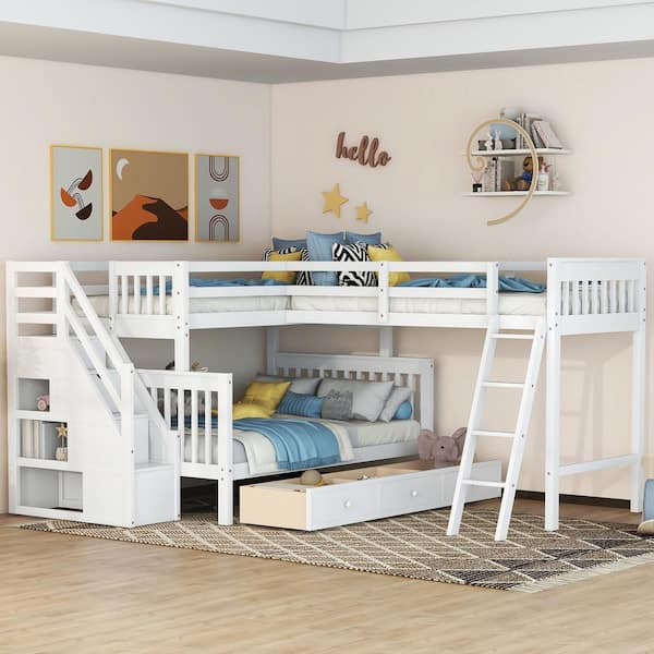 Urtr L Shaped White Bunk Bed For 3,Wood Triple Twin Over Full Size Bunk ... for Beatrice White Bunk Beds Unpacked A Deep Dive into Underbed Storage