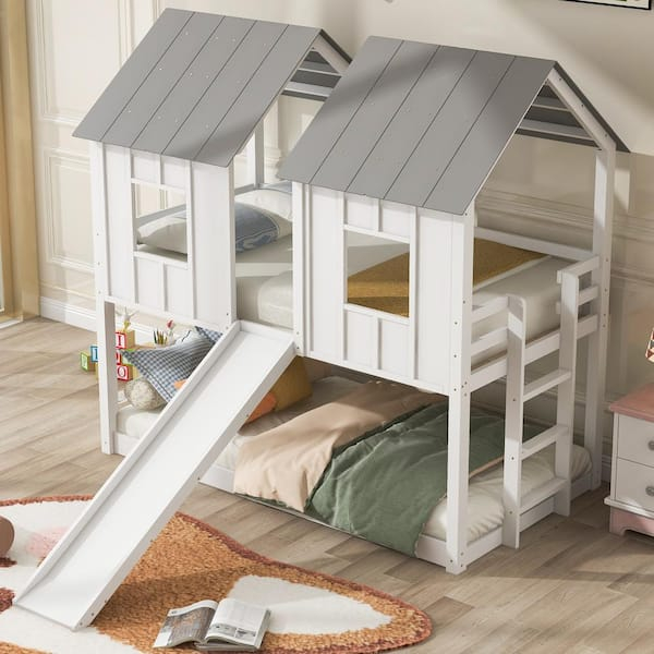 Urtr White Twin Over Twin House Bunk Bed With Slide And Windows, Wood ... throughout The ABCs of Bunk Beds Understanding White Pine for Your Child's Room
