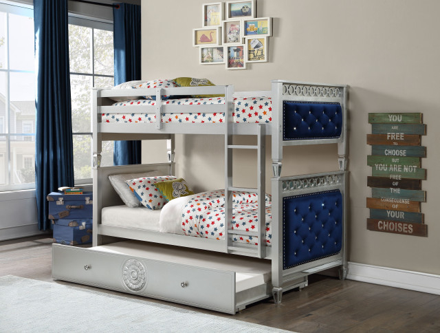 Varian Twin/Twin Bunk Bed, Blue Velvet And Silver Finish - Traditional ... inside Maximizing Your Space The Powell Silver Twin Bunk Bed