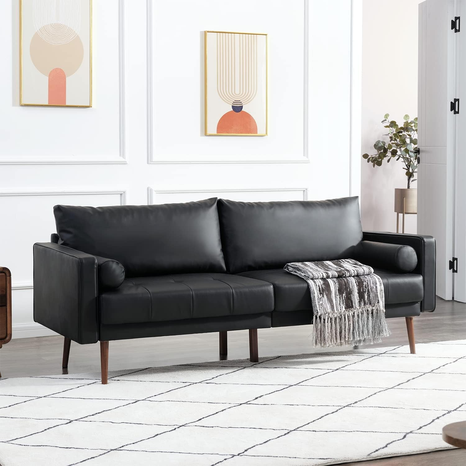Vonanda Stylish Faux Leather Sofa, 73 Inch 3 Seater Couch With Wood ... pertaining to Maximizing Comfort with Contemporary Bolster Sofa Features