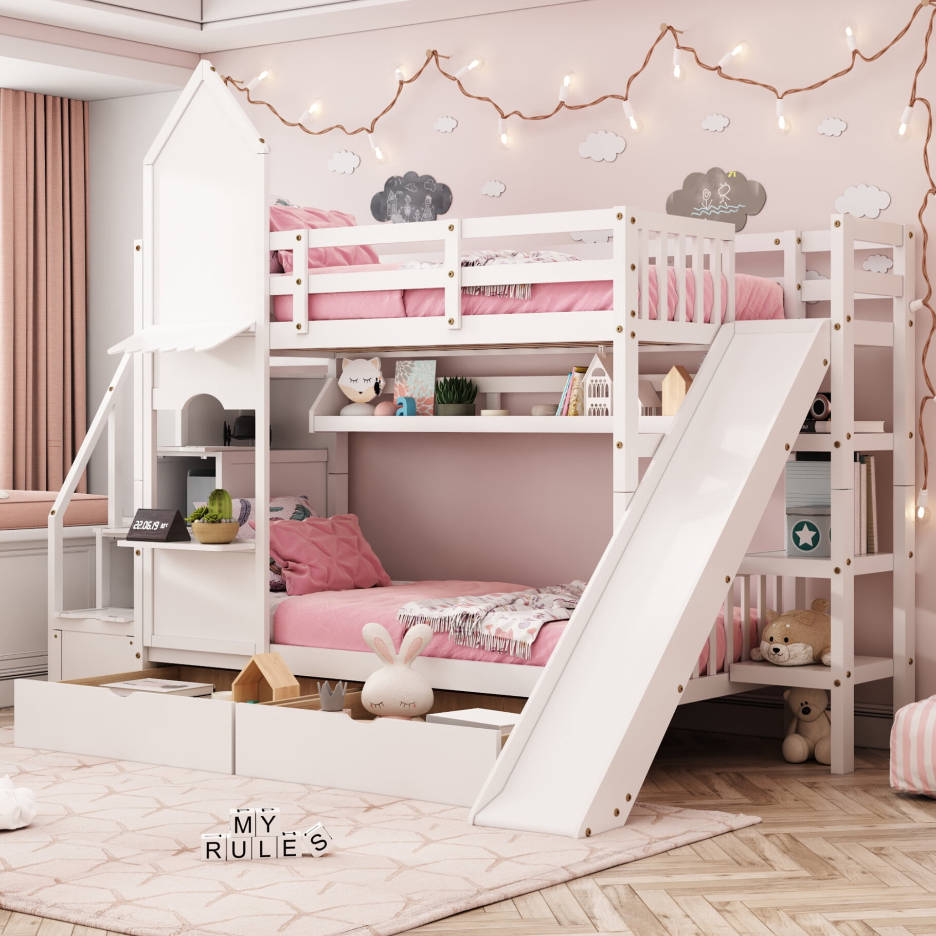 Wood Bunk Bed, Twin-Over-Twin Castle Style Bunk Bed With 2 Drawers And ... inside Gewnee Wood Twin-Over-Twin Castle Style Bunk Bed Inblue