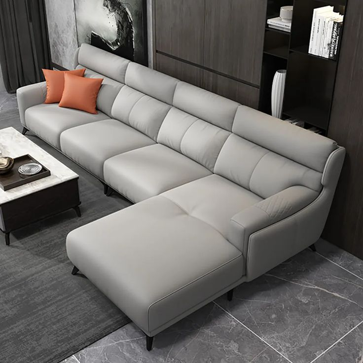 129.9" Light Gray Faux Leather Sectional Sofa With Right Chaise L-Shape ... intended for Divo Design Genuine Leather Sofa, Light Gray