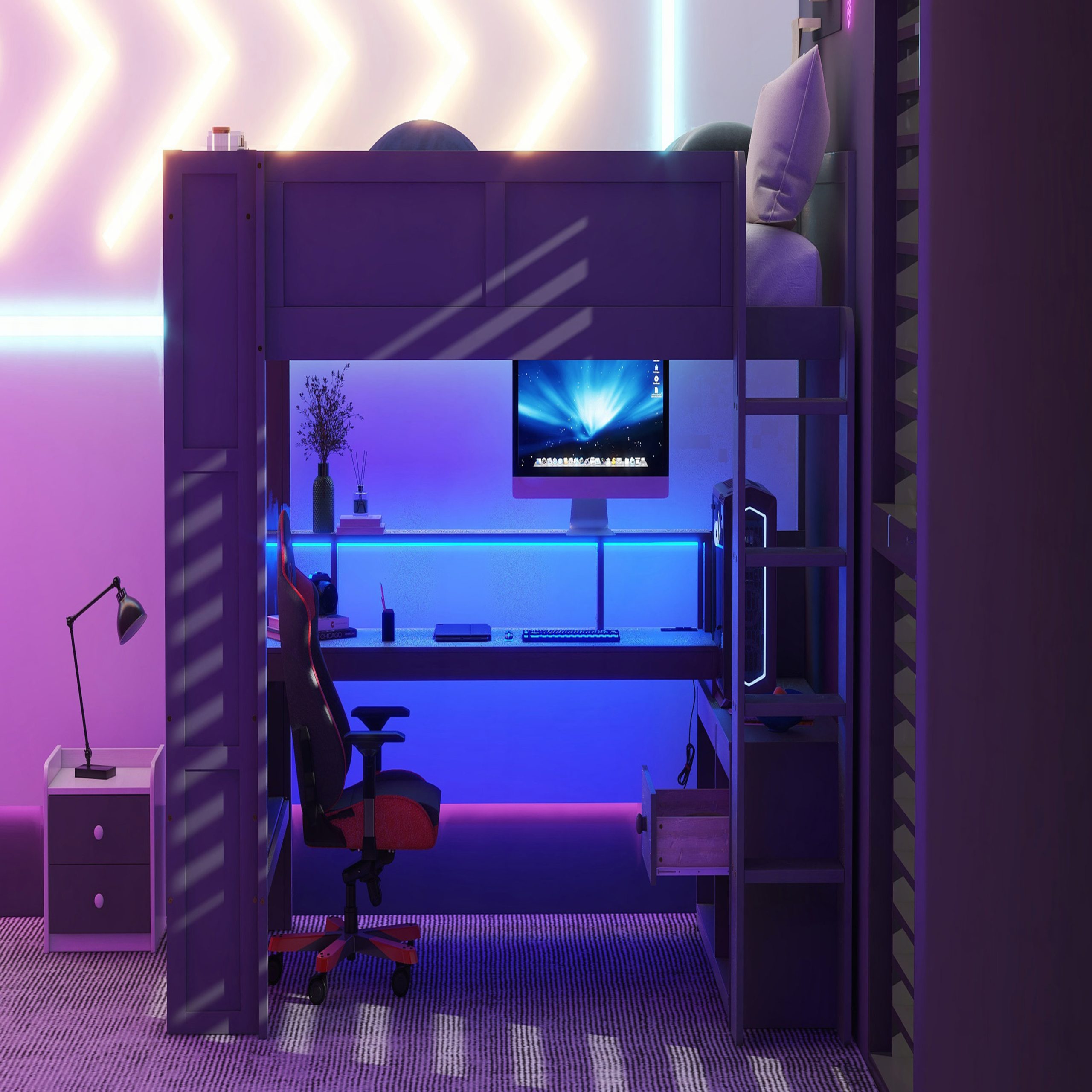 17 Stories Wood Full Size Gaming Loft Bed With Desk, Multi-Storage ... intended for Gewnee Wood Full Size Gaming Loft Bed With Desk