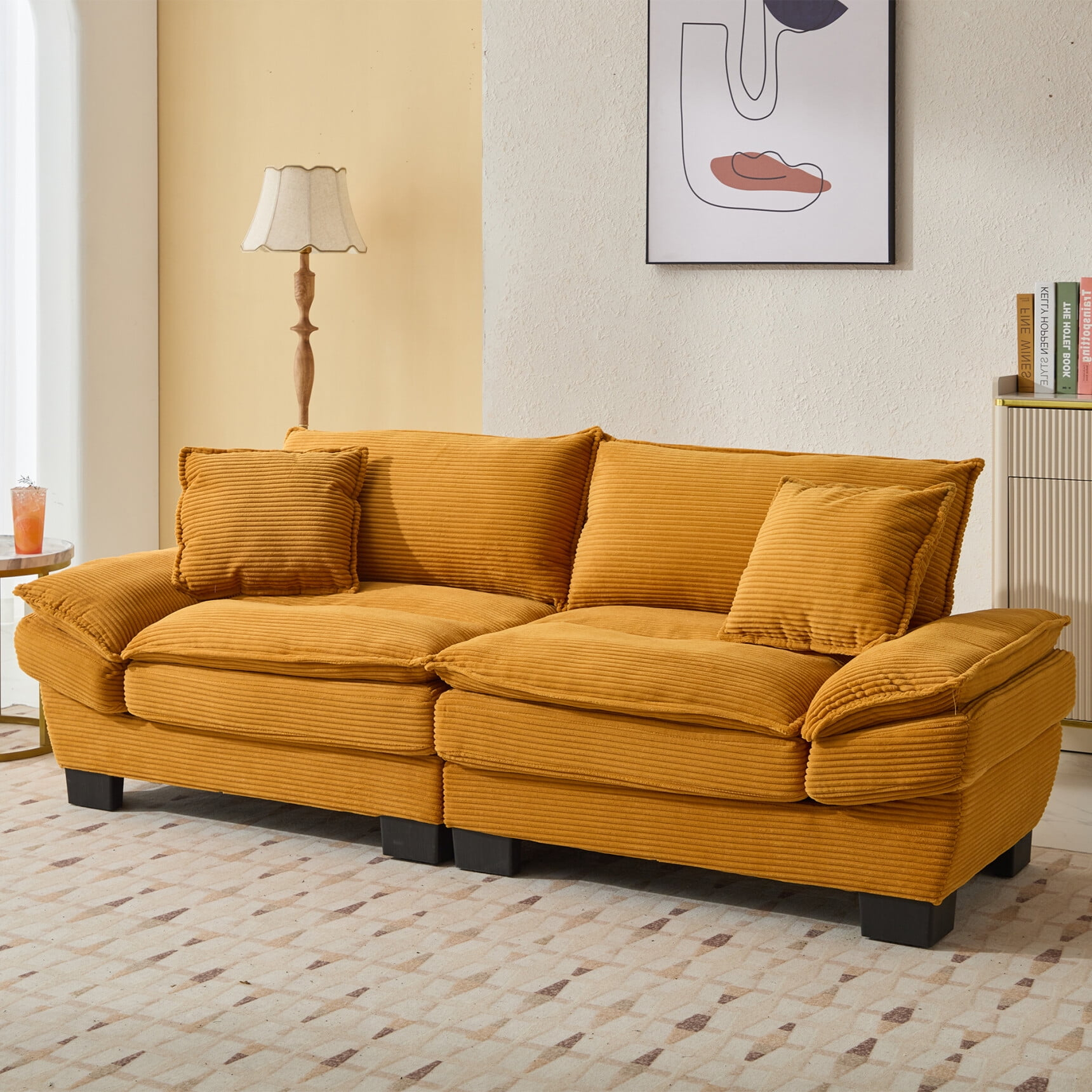 2 Seater Cloud Couch, Comfy Corduroy Loveseat Sofa With 2 Pillows ... within Small Down Filled Sofa, Corduroy-Ginger Double Sofa 59.1X35.4X32.7"