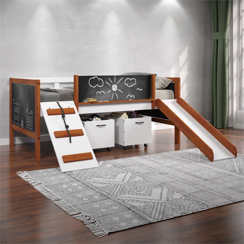 Acme Aurea Twin Loft Bed With Slide In Cherry Oak And White regarding The Art of Choosing the Right Toy Box for Your Child's Room