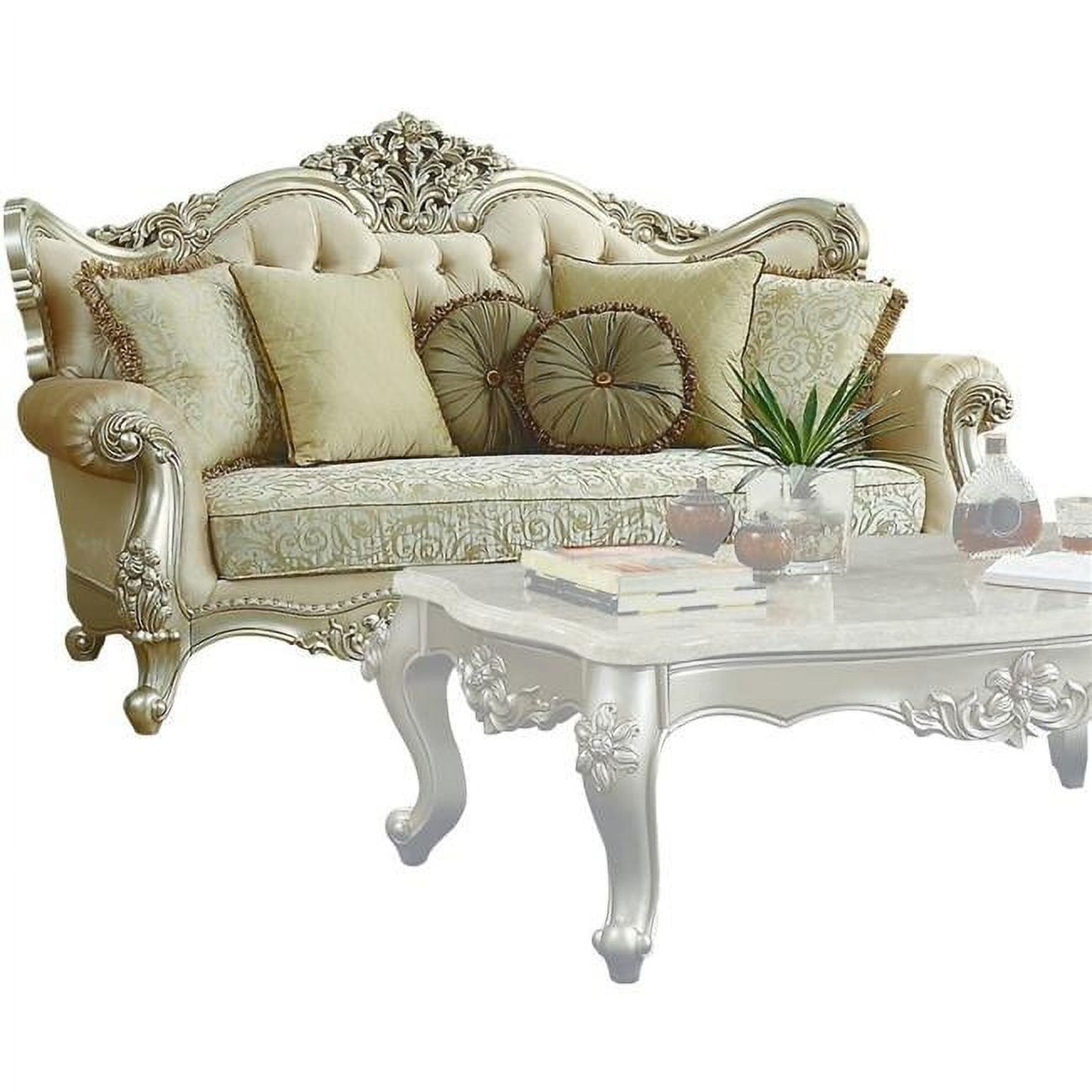 Crafting Luxury with the ACME Bently Sofa with 7 Pillows Fabric and Champagne Upholstery