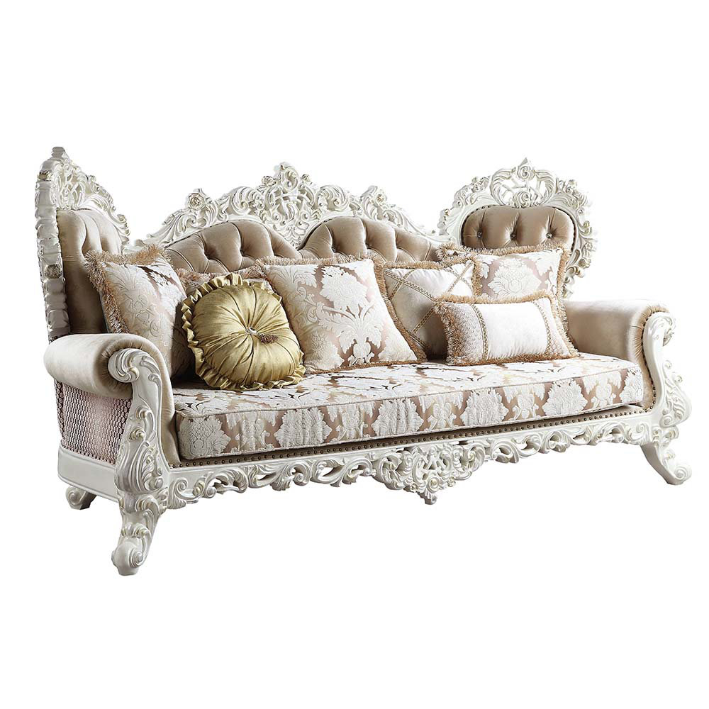 Acme Furniture Lv00803 Sofa W/7 Pillows - Fabric & Antique White Finish ... with regard to Acme Ranita Sofa With 7 Pillows, Fabric And Champagne
