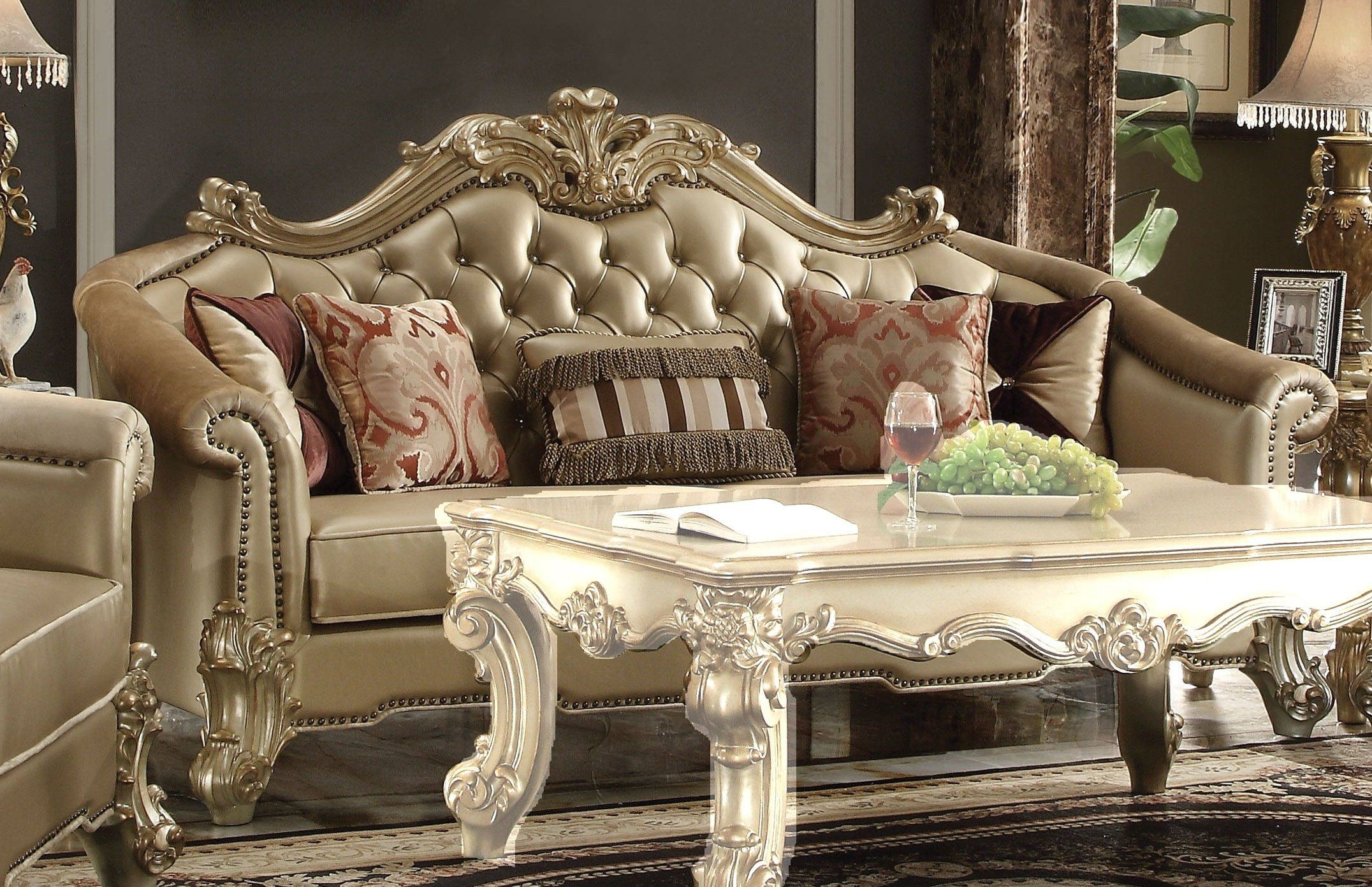 Acme Furniture Vendome Ii Bone Gold Patina Sofa With Five Pillows pertaining to Acme Bently Sofa With 7 Pillows, Fabric And Champagne