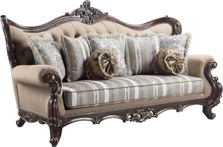 Acme Ragnar Sofa With 7 Pillows In Light Brown Fabric And Cherry ... for Crafting Luxury with the ACME Bently Sofa with 7 Pillows Fabric and Champagne Upholstery