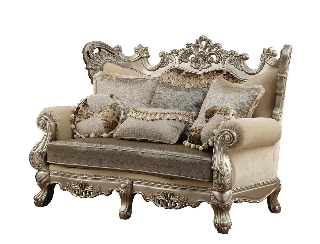 Acme Ranita Loveseat With 6 Pillows, Fabric And Champagne - Victorian ... pertaining to Acme Bently Sofa With 7 Pillows, Fabric And Champagne