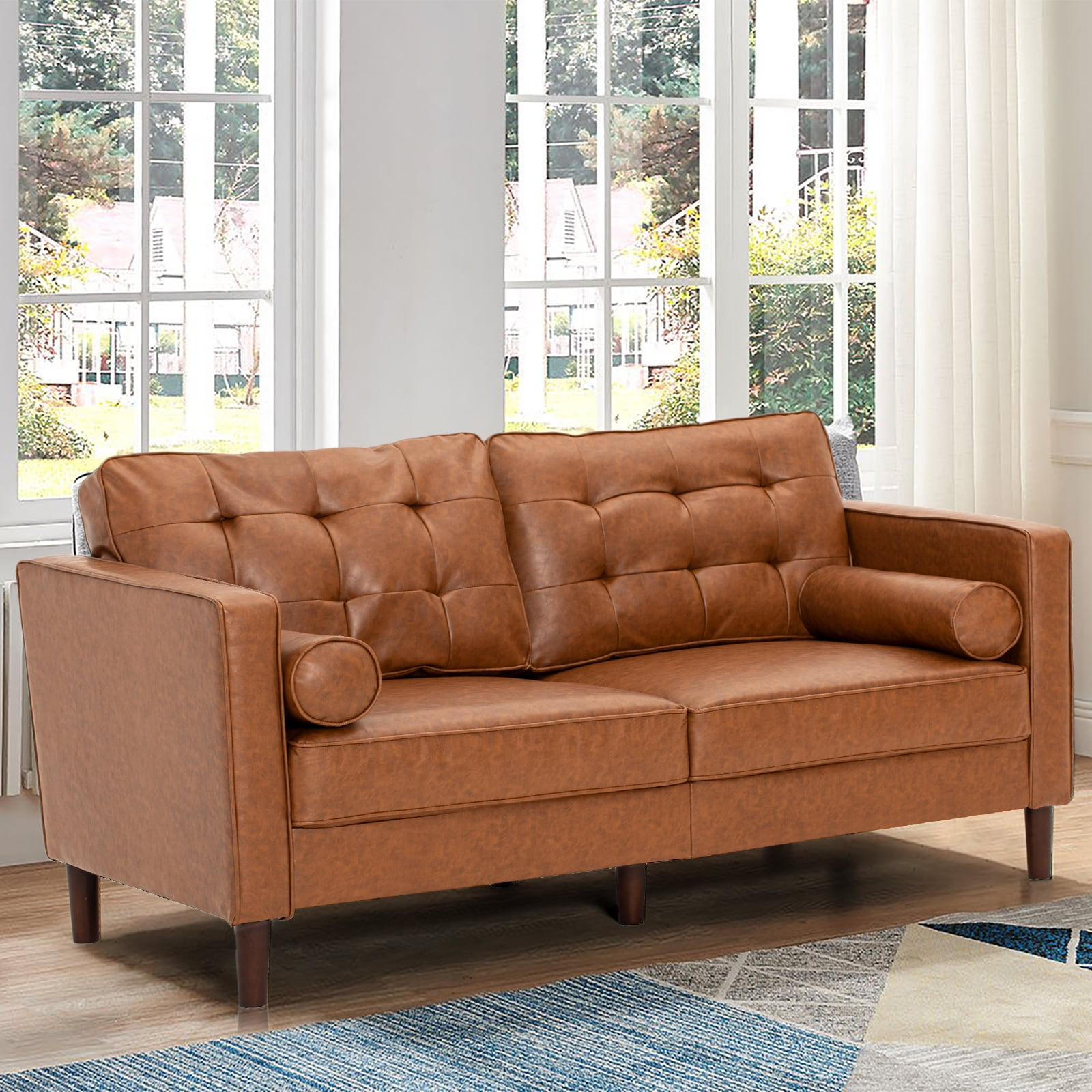 Acmease Premium Faux Leather Loveseat Sofa With Two Bolster Pillows And ... within Loretta 88.0Lx36.2Wx33.9H Cream Fabric Three Seater Sofa, Two Bolster Cushions