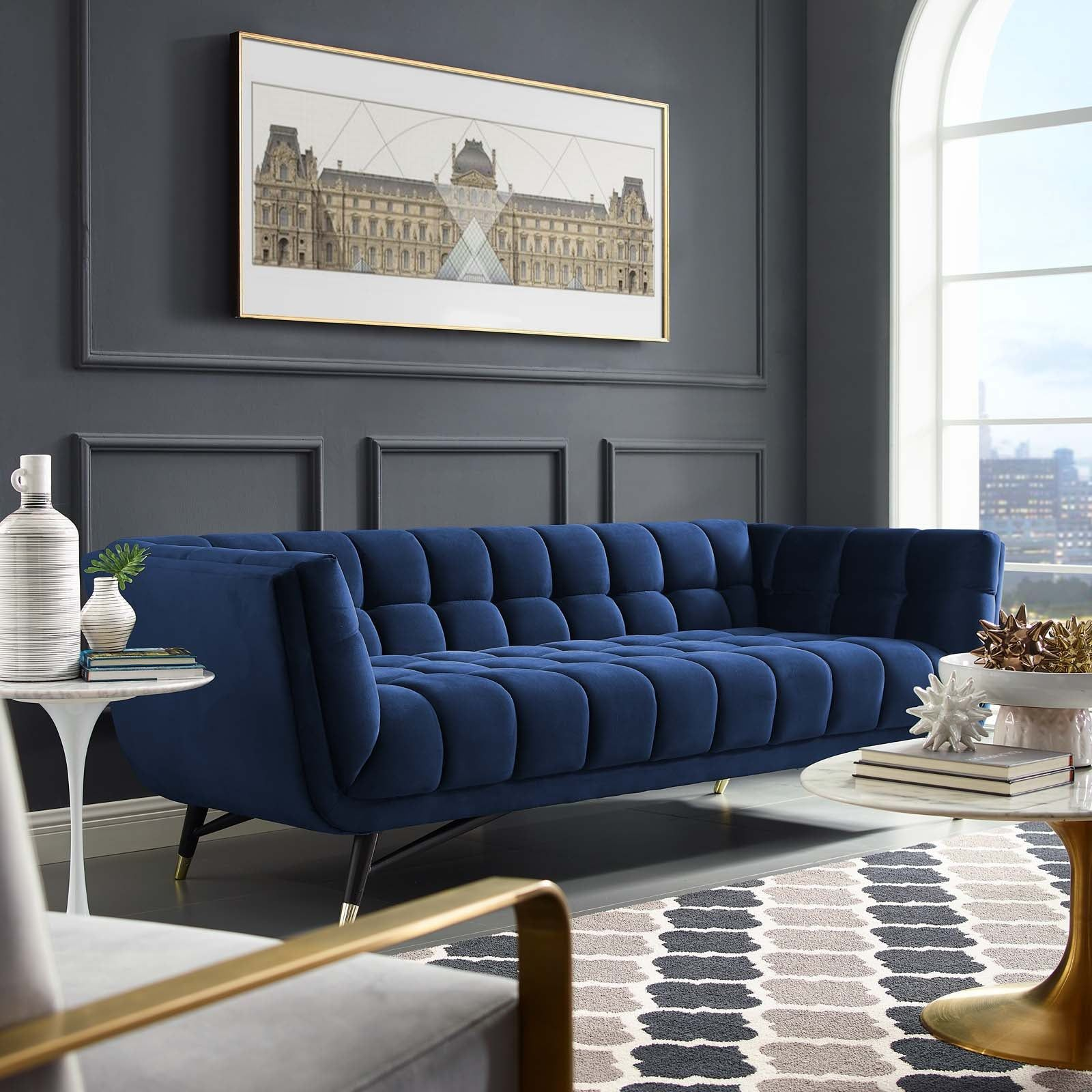 Adept Performance Velvet Sofa In Midnight Blue | Velvet Sofa Living ... intended for Adept Upholstered Velvet Sofa, Midnight Blue