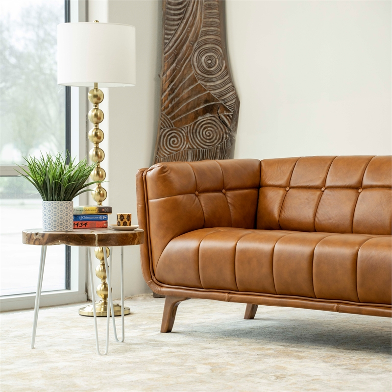 Allen Mid-Century Modern Tufted Back Genuine Leather Sofa In Tan ... intended for Allen Mid Century Modern Tufted Genuine Leather Sofa In Cognac Tan