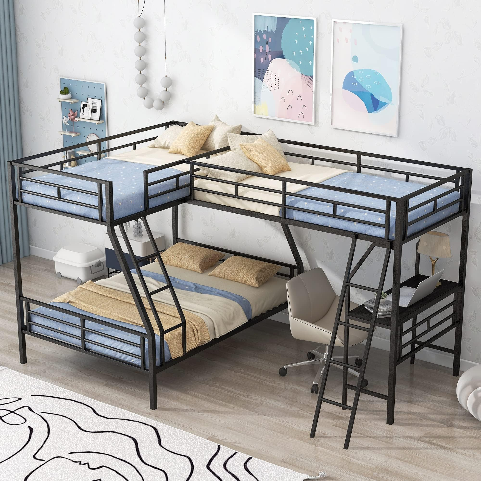 Amazon.com: Bovza Twin Over Full L-Shaped Metal Bunk Bed With A Twin ... in Gewnee L-Shaped Twin Over Full Bunk Bed With Twin Size Loft Bed In Black