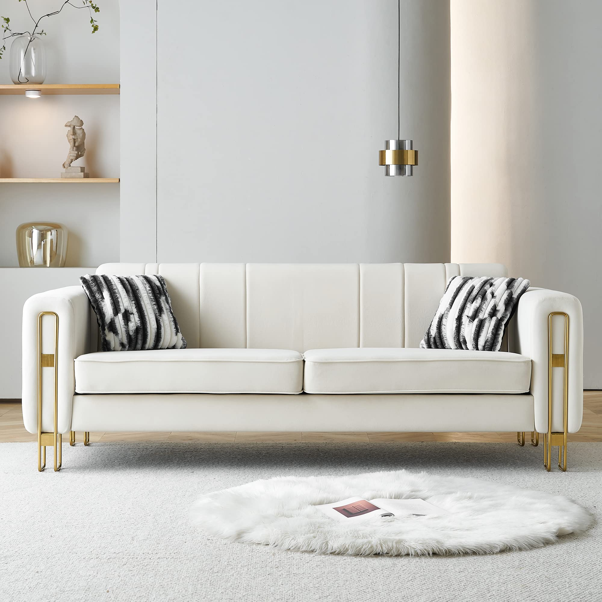 Amazon.com: Deinppa Mid-Century 3-Seater Sofa Couch With Gold Metal ... intended for Leisuremod Chester Mid-Century 3-Seater Leather Modern Sofa, White