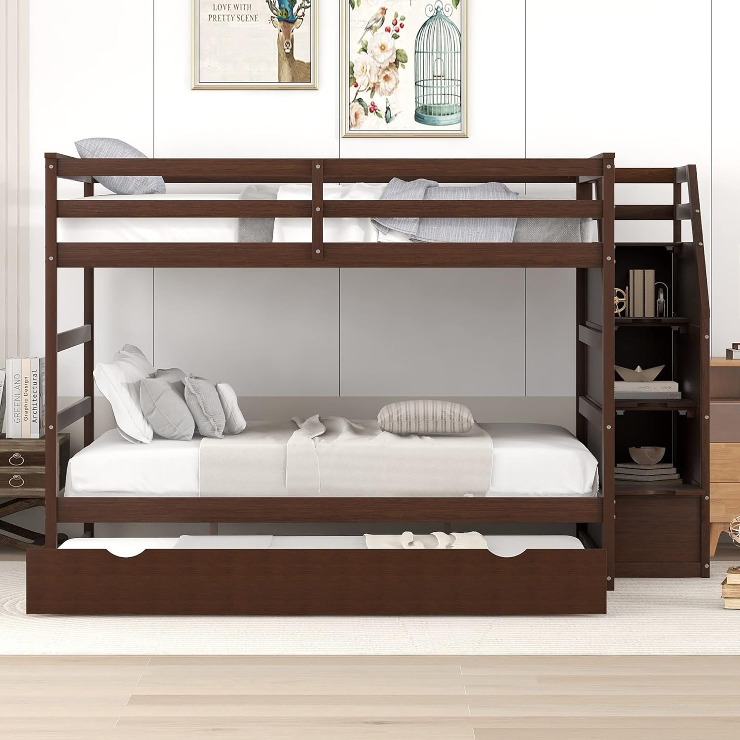 Amazon.com: Full Over Full Bunk Bed With Trundle And Staircase, Wood ... with Gewnee Full-Over-Full Bunk Bed With Guard Rail For Bedroom In Espresso