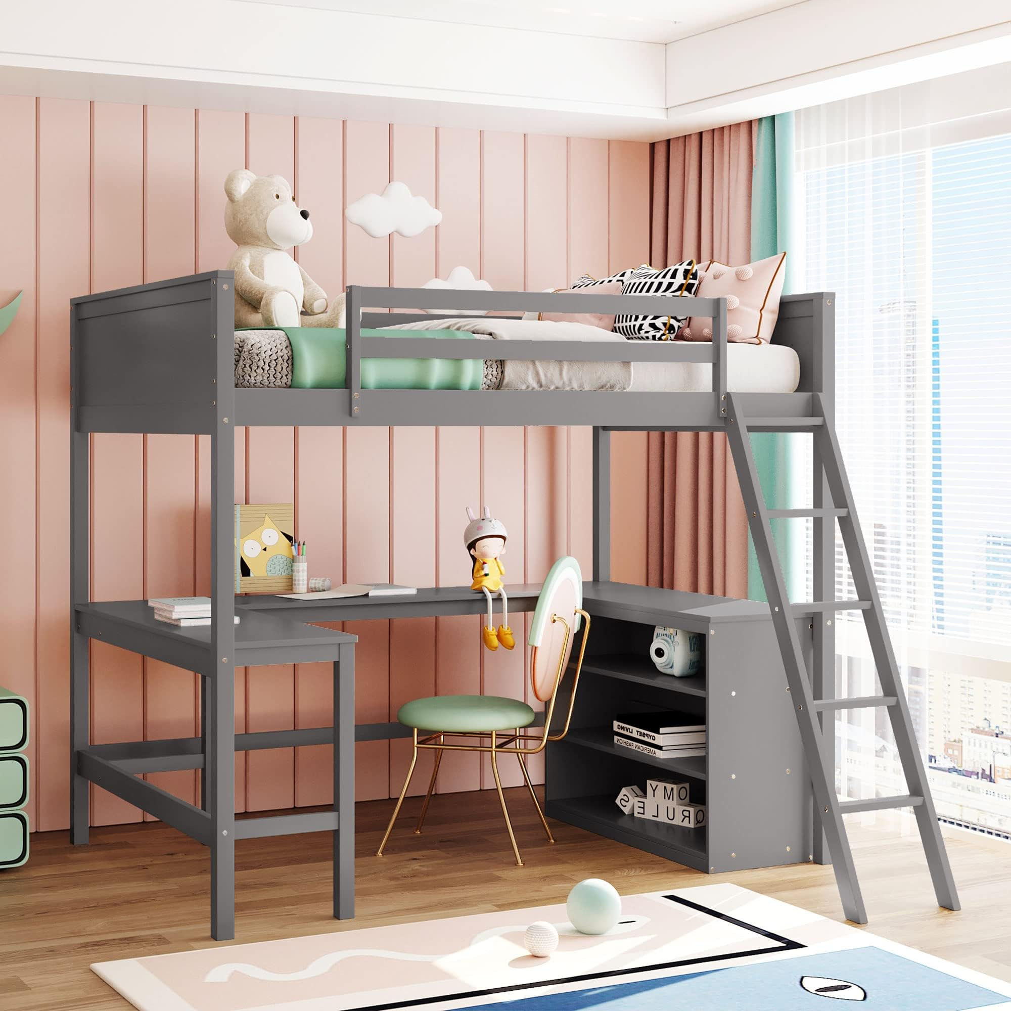 Amazon.com: Harper & Bright Designs Full Size Loft Bed With Desk And ... in Modern Full Loft Bed With Built-In Desk & 4 Open Shelves, Solid Wood Frame, Gray