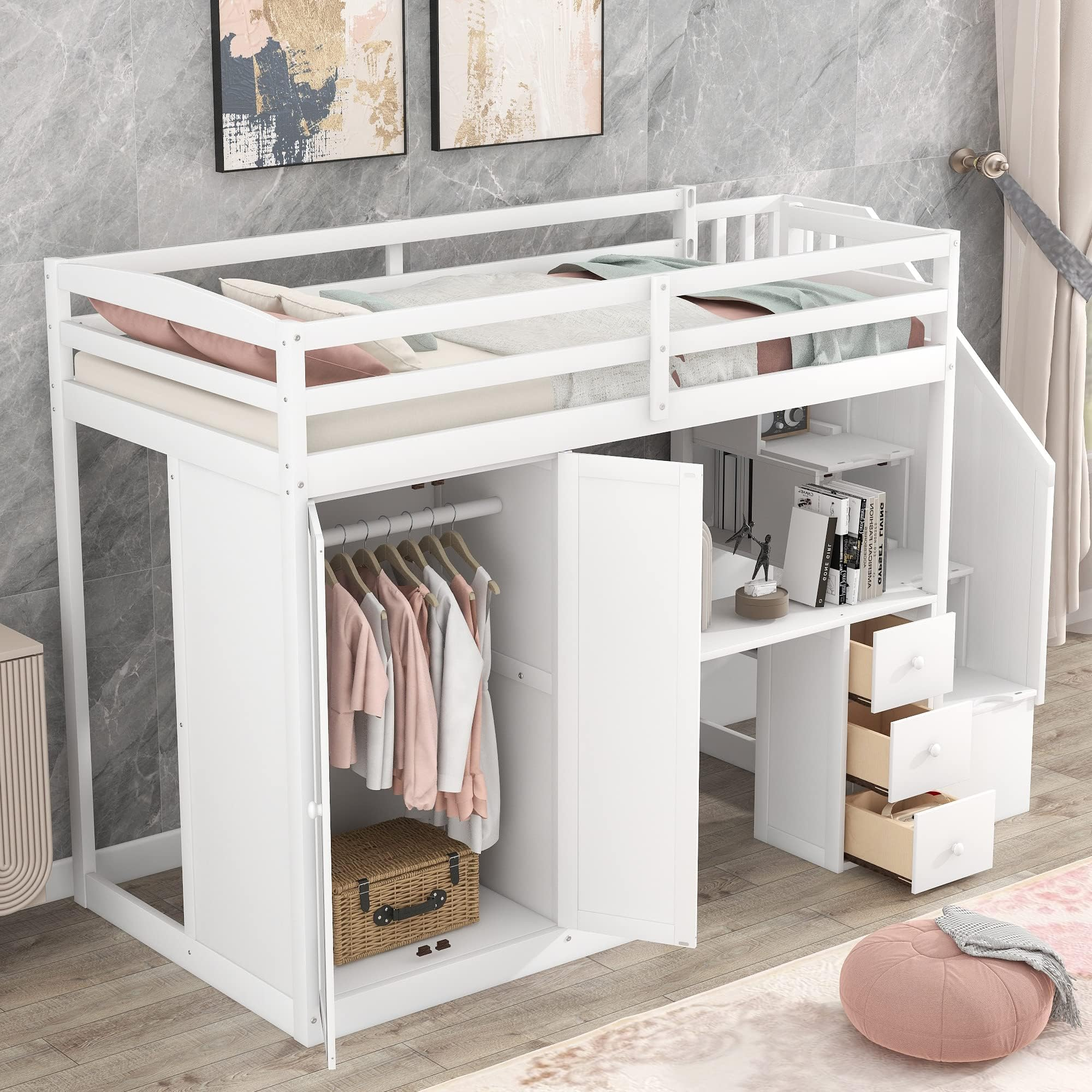 Amazon.com: Harper & Bright Designs Twin Loft Bed With Stairs And ... in Gewnee Twin Size Wood Loft Bed With Drawers,Desk And Wardrobe In White