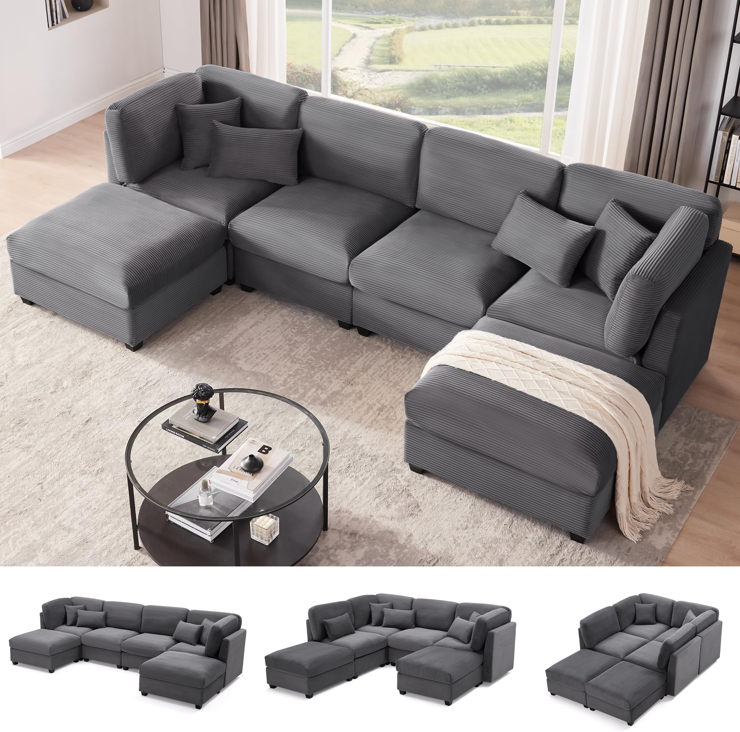 Amazon.com: Huatean Home 125 Inch Oversized Corduroy Modular Sectional ... within Partner Furniture Corduroy Fabric 138" Reversible Modular Sectional In Dark Gray