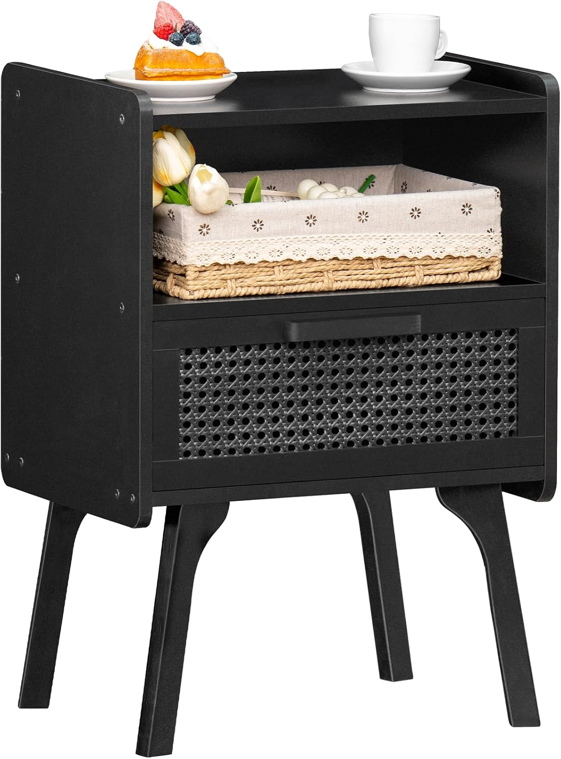 Amazon.com: Lerliuo Rattan Nightstand, Side Table With Drawer Open ... with Hyacinth Nightstand, 1 Drawer And Open Shelf, Black
